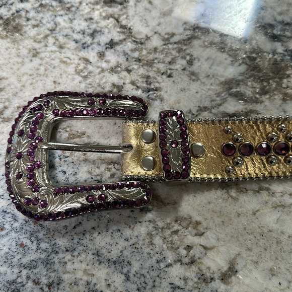 BB Simon Gold Leather Belt with Purple Crystals